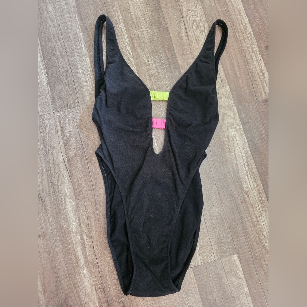 Vintage 90s DAFFY WATERWEAR onepiece Swim Suit High Leg Madonna Cut Out Neon Y2K